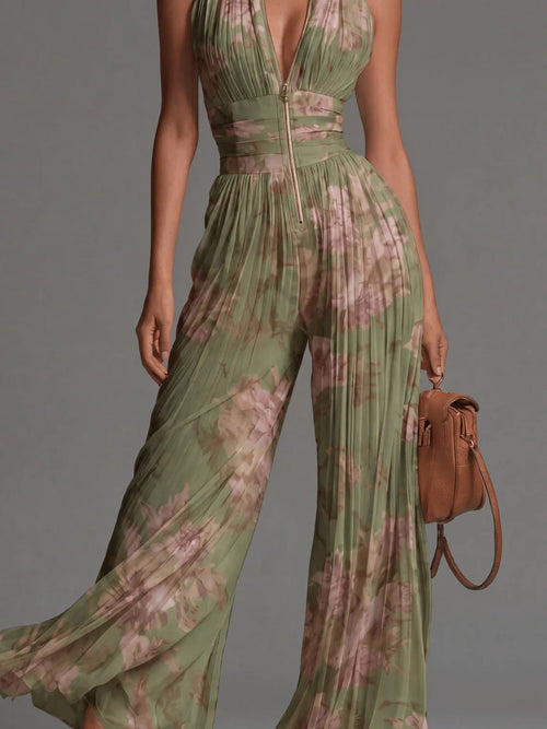 AUGUSTINE Jumpsuit | Grüner plissierter Chiffon-Overall