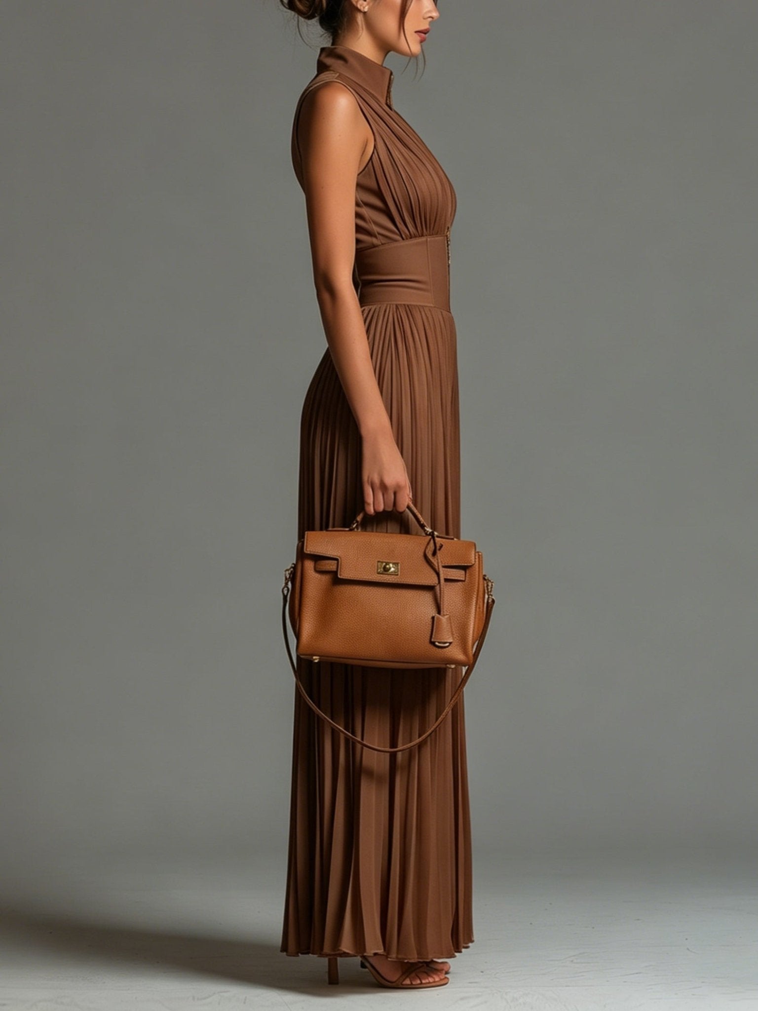 Zsófia Jumpsuit | Tuta aus plissiertem Chiffon in Karamellfarbe - Lene & Roth