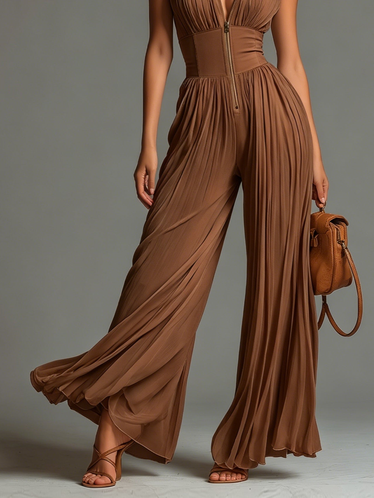 Zsófia Jumpsuit | Tuta aus plissiertem Chiffon in Karamellfarbe - Lene & Roth