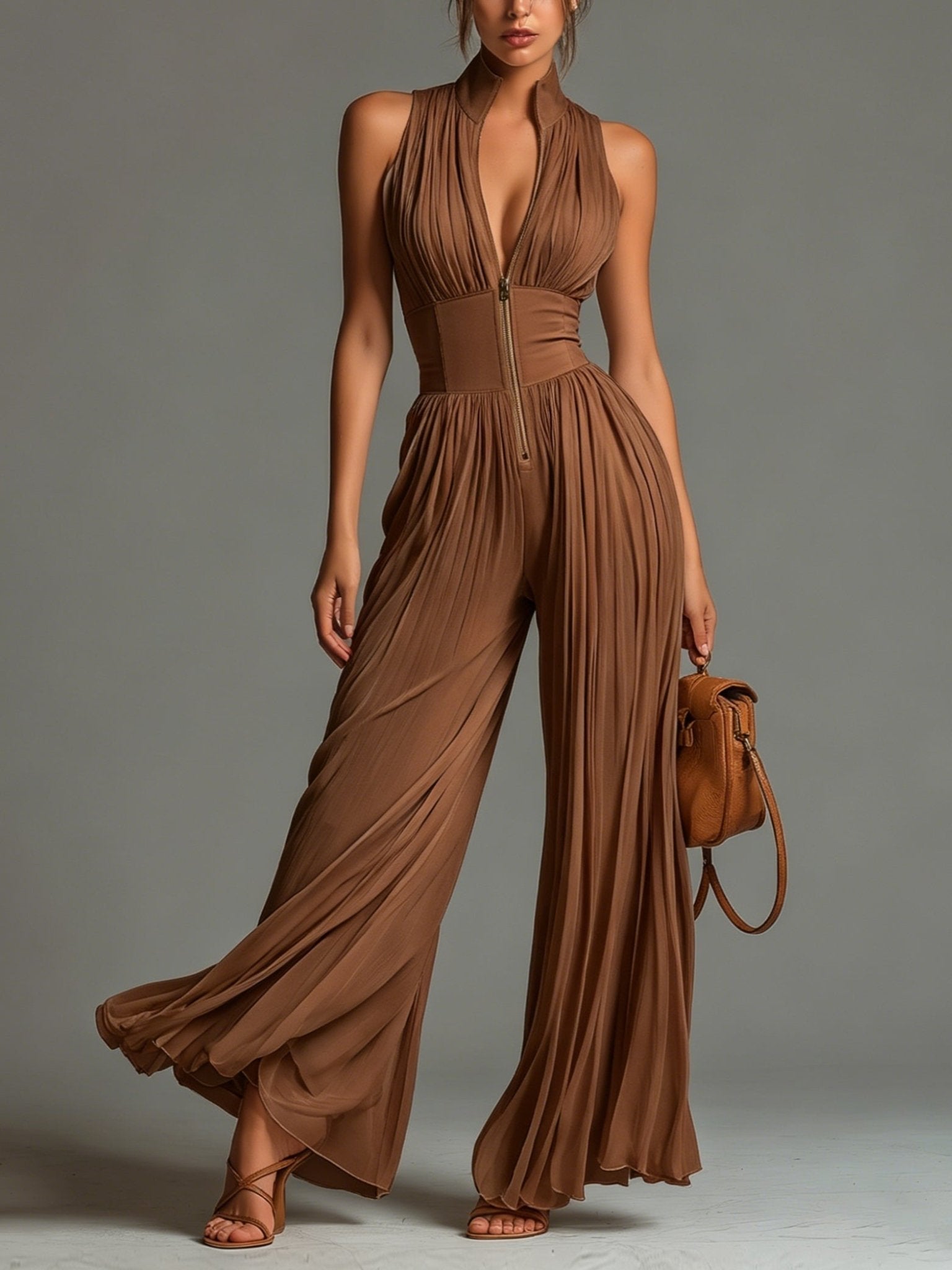 Zsófia Jumpsuit | Tuta aus plissiertem Chiffon in Karamellfarbe - Lene & Roth